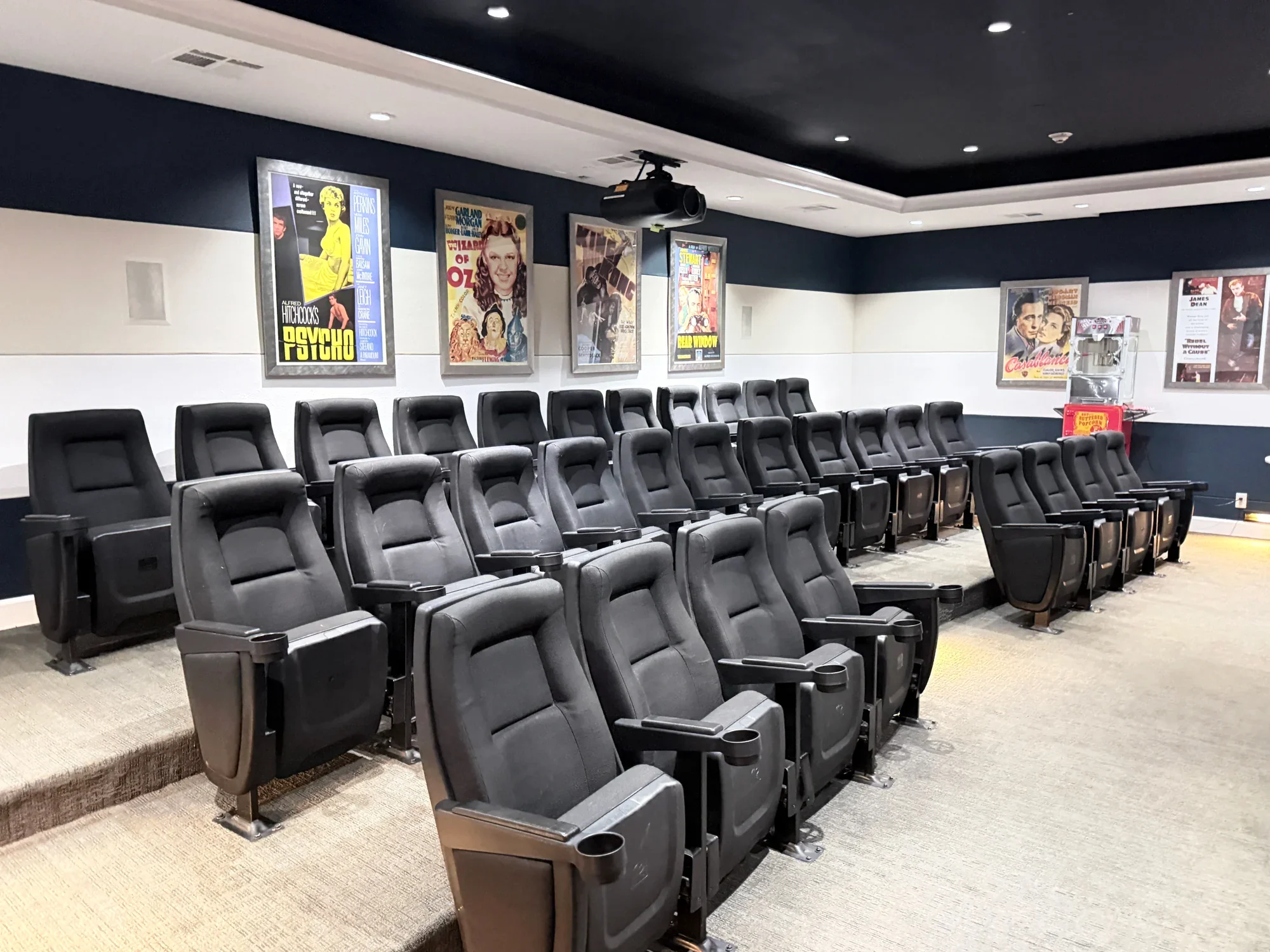 Indoor Theater Side View with Tiered Recliner Seating
